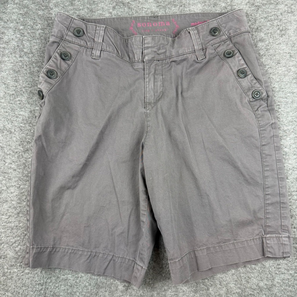 Sonoma Bermuda Shorts Women 8 Gray Modern Sailor Button Cotton Twill‎ Stretch